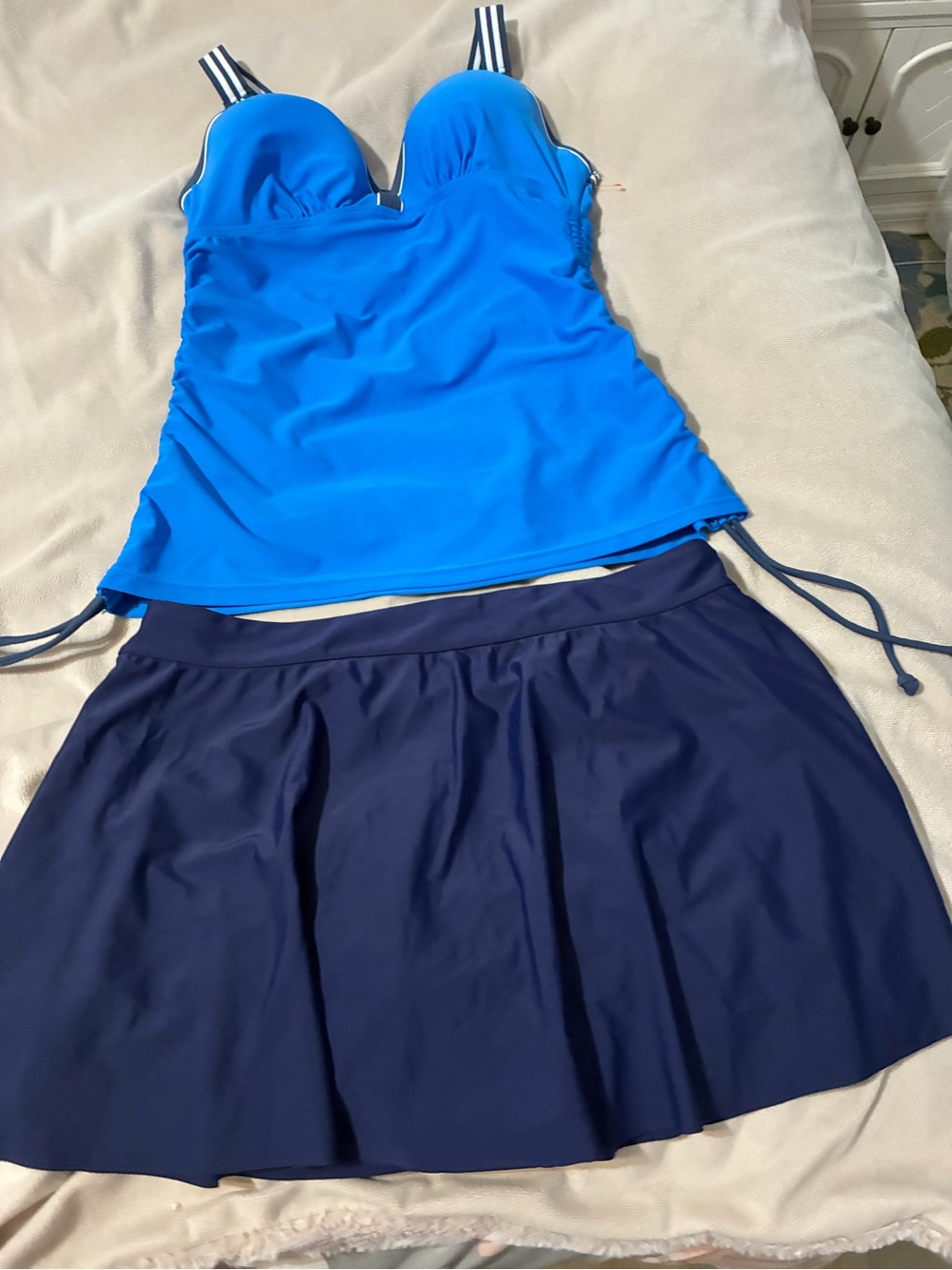 Free Country Bright Blue Tankini Top with Navy Striped Straps